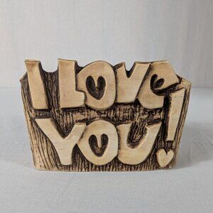 Pompadour I Love You Planter Holder Faux Wood 1960s 1970s Boho Hippie Valentine